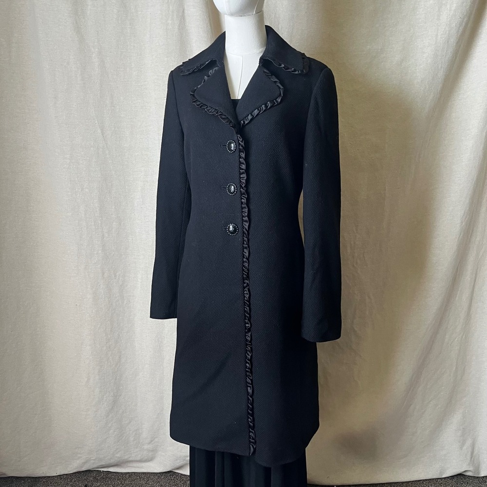 Y2K Express Design Studio Black Wool Coat Ruffle Trim Jeweled Buttons Small